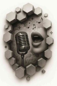 Black and grey tattoo project idea featuring a vintage microphone, an open mouth, musical notes, smoke clouds, and floating hexagons; not ideal for cover-up.