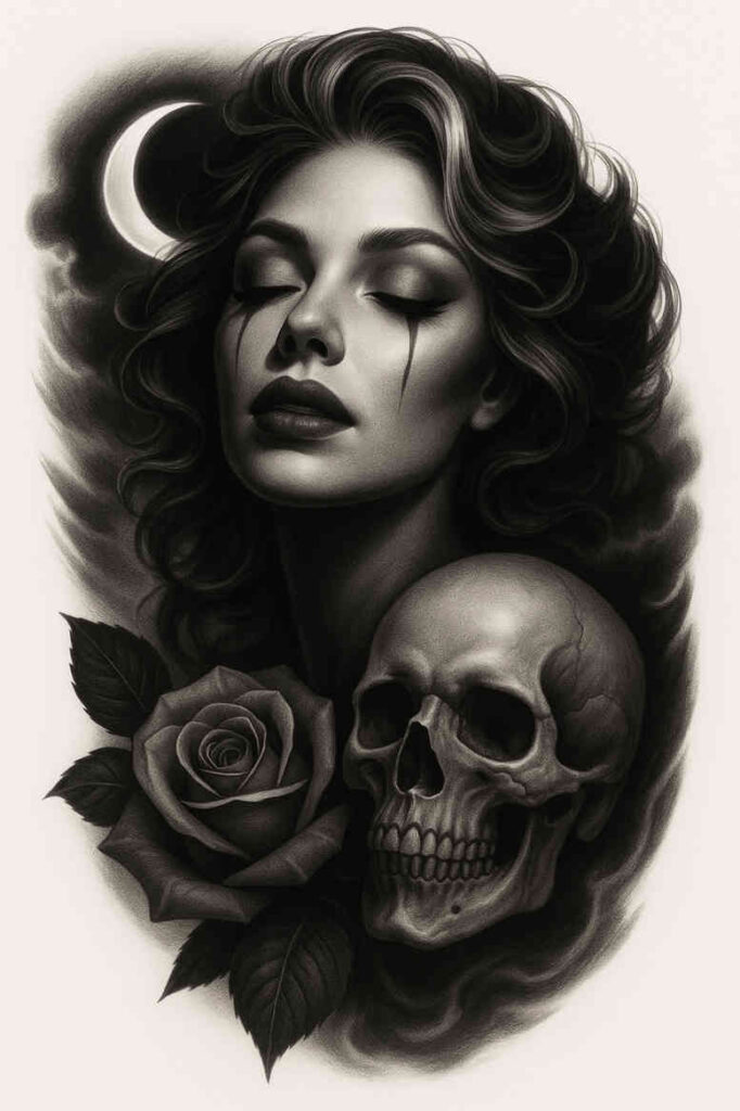 A monochrome tattoo concept featuring a serene woman’s face, crescent moon, skull, and rose; perfect cover-up tattoo design in black and grey.