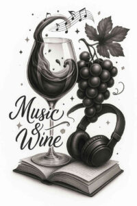 Black and grey tattoo idea featuring a wine glass, grape cluster, headphones, book, music note, and a vine leaf; cover-up-ready.