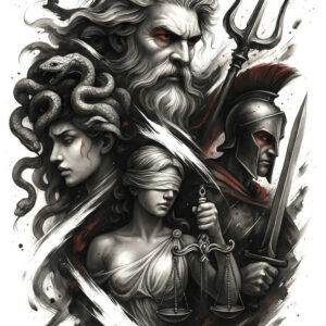 Medusa with snakes, a blindfolded woman, scale of justice, knight with sword, and a trident in black and grey; cover-up-ready tattoo project.