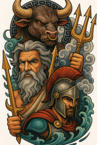 Minotaur head and armored warrior with spear and trident in bold color; full-color tattoo design concept; not a cover-up.