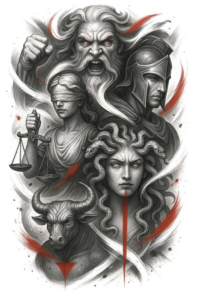 Medusa, scales, bull, Zeus, Athena, woman – black and grey, AI-generated tattoo project, suitable for cover-up, pattern