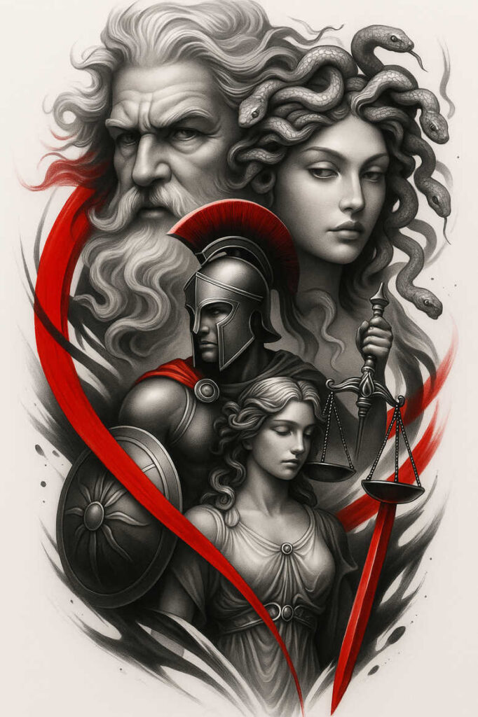Black-and-grey tattoo design idea with warrior, helmet, shield, Medusa with snake hair, woman, spear, scales, and red ribbon; AI-generated; perfect for a cover-up.