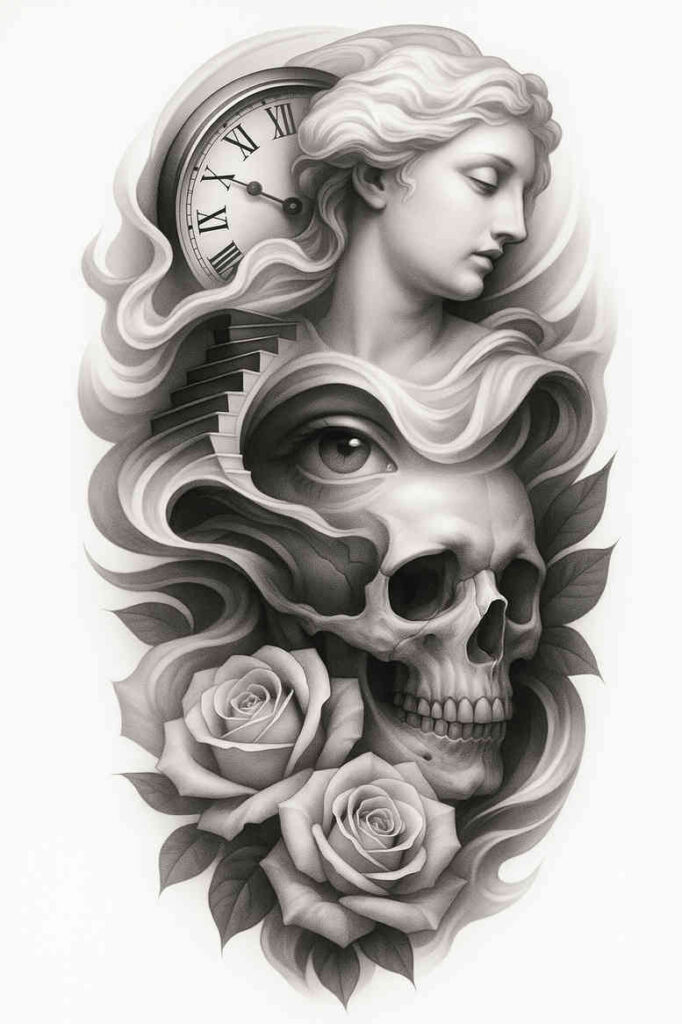 pioneering-projects – tattoo design ideas free ai generated – surrealism-dynamic-shapes – for-upper-chest – Gallery: news-inkby-ai