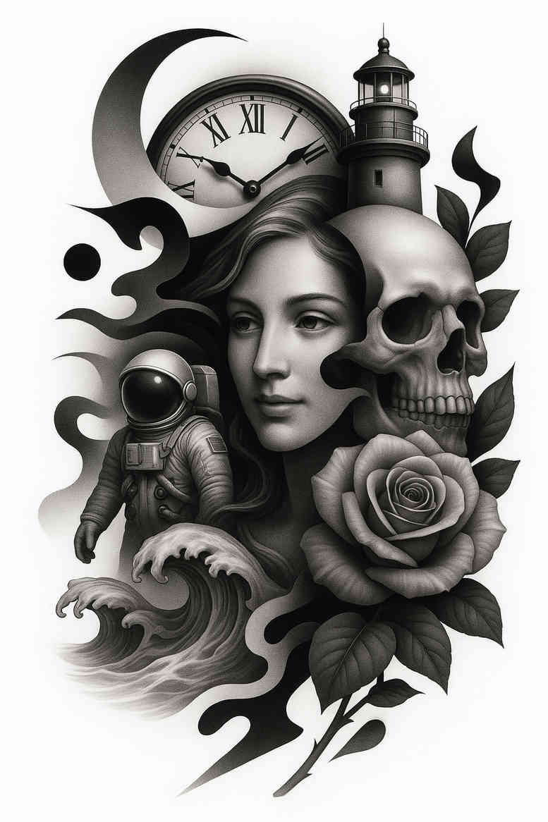 news tattoo design ideas Surrealism morphic transformation cinematic for shoulder blade