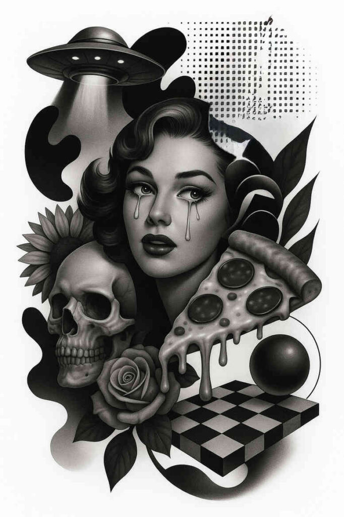 news tattoo design ideas Neotraditional balanced tones deep-shading for outer arm