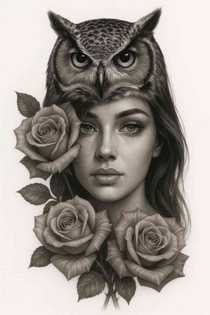 Owl perched on a woman's head with roses and leaves in black and grey; tattoo design concept; not cover-up.