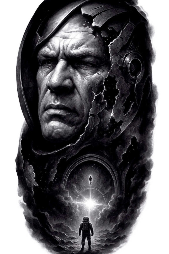 Head and helmet portrait in black and grey with cracks, a circular portal, and an astronaut figure; AI-generated cover-up tattoo project, pattern-rich.