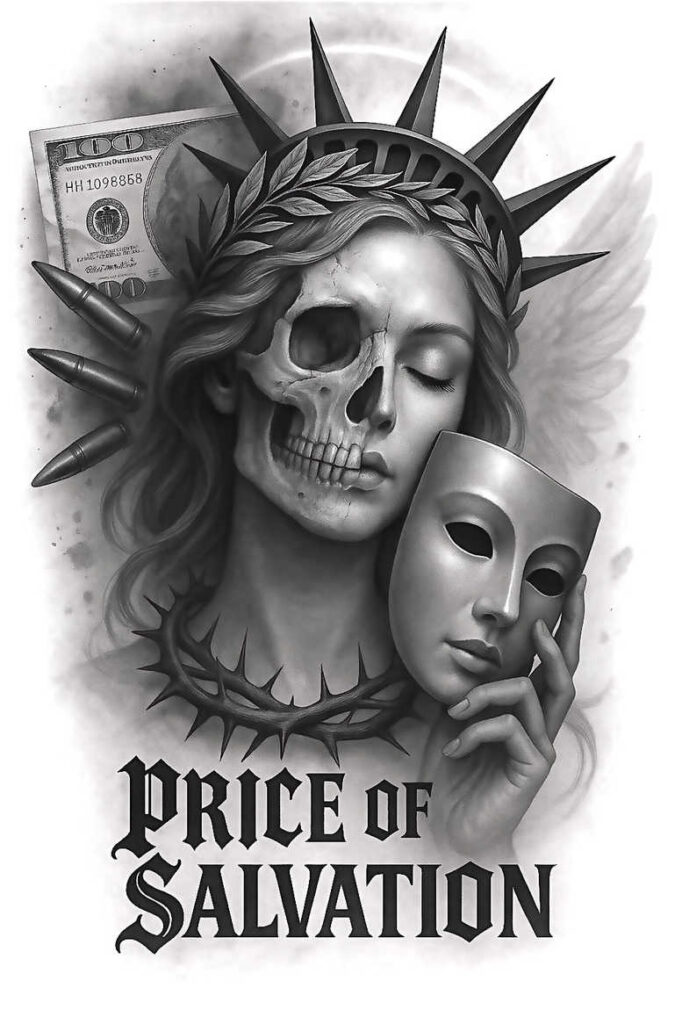 Black and grey tattoo project: realistic skull overlay on a woman's face, hand holding a mask, dollar bill behind, bullets along the side, laurel leaves and a spiked crown; AI-generated concept; cover-up ready.