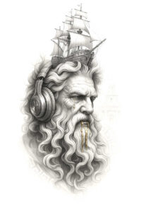 Head-and-shoulder grayscale portrait with ship on top of the head and headphones; black and grey; concept tattoo project; suitable for cover-up.