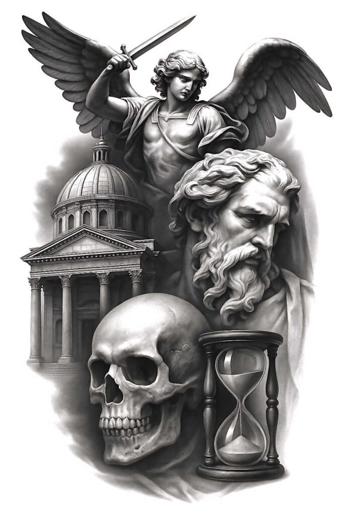 Angel with sword, skull, hourglass, and domed temple depicted in black and grey shading; tattoo project—cover-up ready.