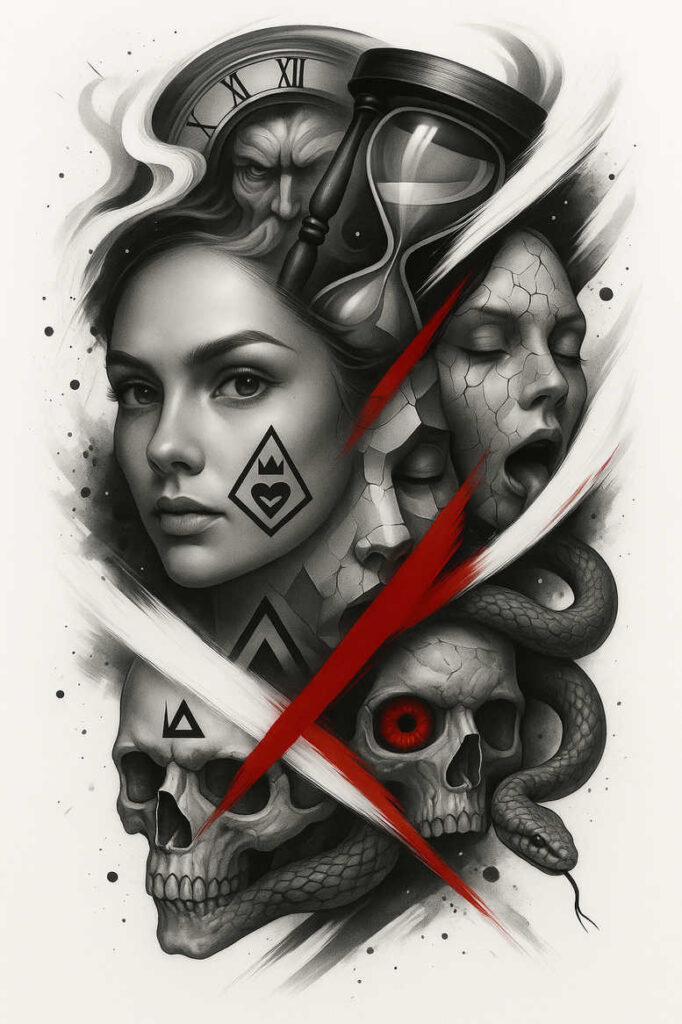 Face portrait in black and grey with skull, hourglass, and snake; red stroke; AI-generated tattoo project; cover-up suitable.