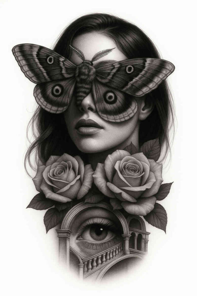 Moth over a woman's face in grayscale with roses around the neck and an ornate arch containing an eye; black and grey; tattoo design idea, cover-up suitable.