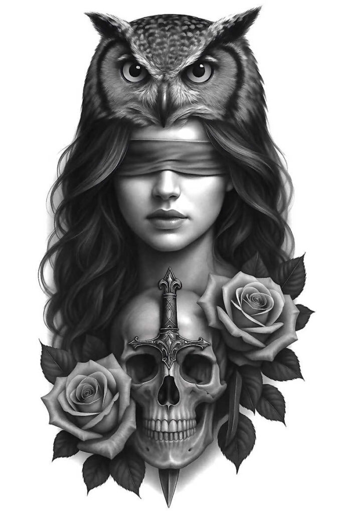 Owl on top of a veiled woman’s head, blindfolded, in black-and-grey realism; includes skull, dagger, roses and leaves, a cover-up tattoo project.