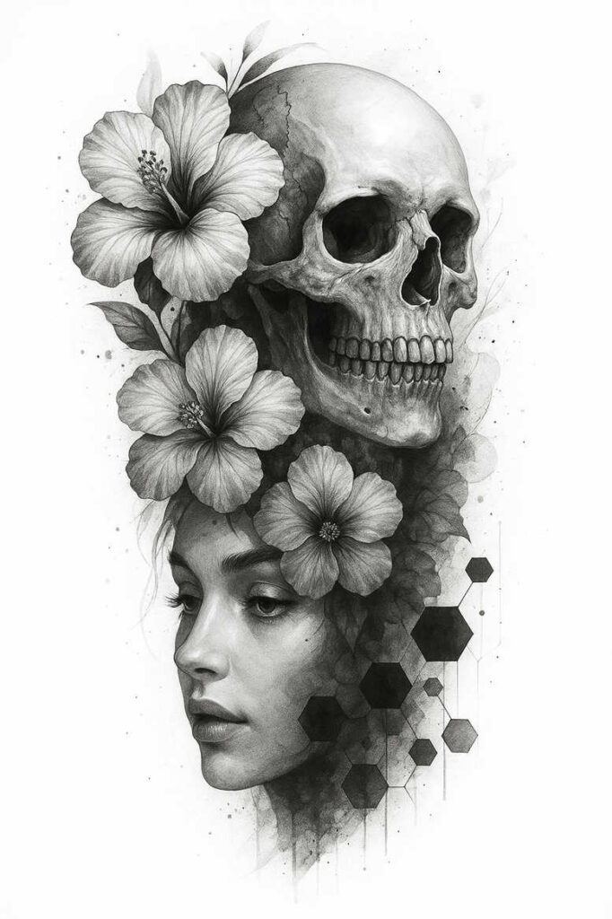 Skull and female profile entwined with hibiscus flowers in black and grey, leaf accents and hexagon pattern; tattoo design idea, cover-up suitable.