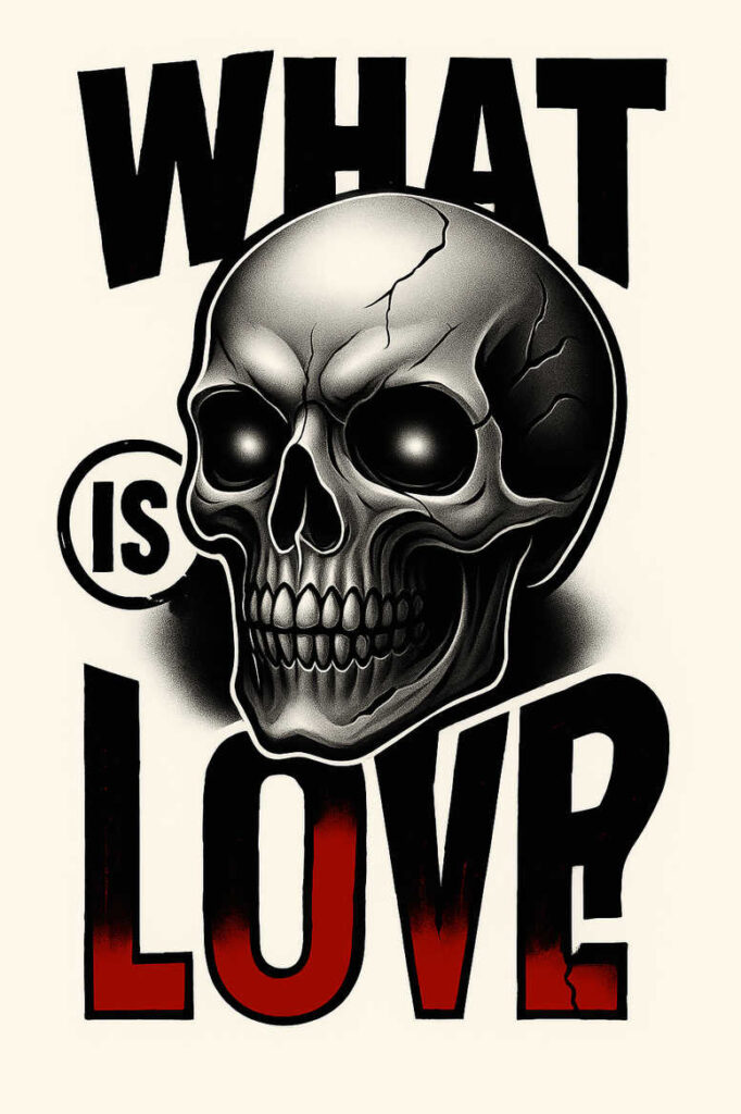 Skull with LOVE lettering in grayscale with red accent; black and grey tattoo design concept; cover-up potential.