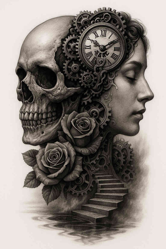 Side-profile tattoo idea in black and grey: a skull fused with a woman's profile, clock gears, and blooming roses; project concept, ideal for a cover-up.