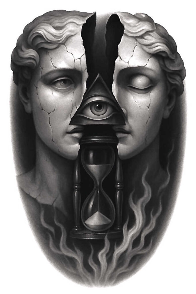 Black and grey bust with split, cracked halves, central hourglass, triangle with an eye, and flowing flames at the base; tattoo project idea; suitable for cover-up.