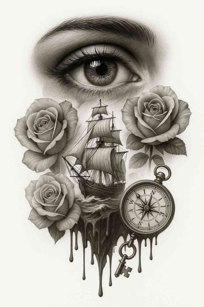 realistic-surrealistic tattoo design ideas glass effect cinematic for temple
