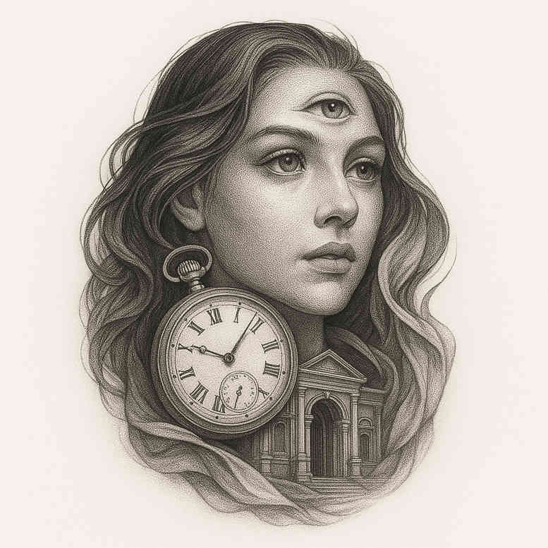 Realistic black and grey tattoo design of a woman's face with a third eye, pocket watch, and arch motif.