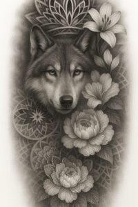 Black and grey tattoo design concept featuring a wolf head surrounded by a lily, peony blossoms, geometric mandala patterns, and leaves.