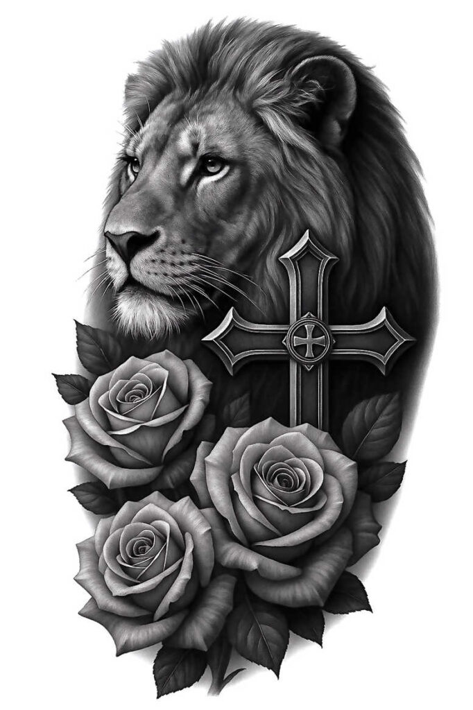 Lion head in black and grey with decorative cross and three roses; tattoo project; cover-up suitable; pattern.