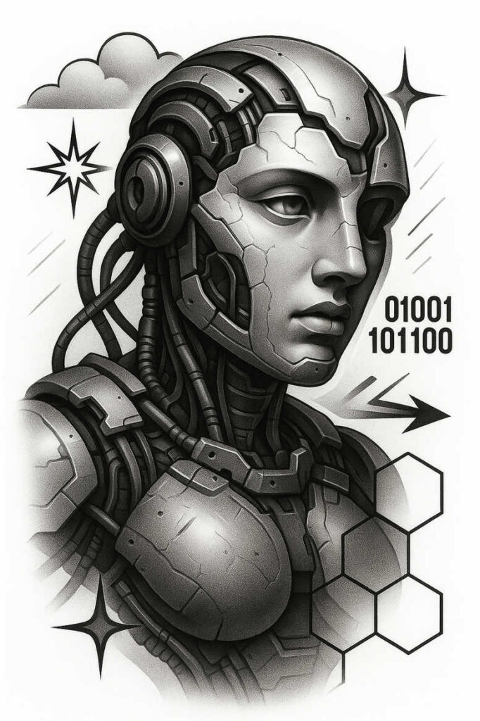 Black and grey robotic head tattoo project, featuring cracked armor, cables, and hexagon pattern; suitable for a cover-up.