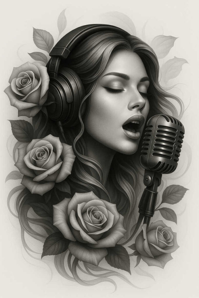 Black and grey illustration showing a woman with headphones and a microphone, surrounded by roses and leaves; AI-generated tattoo project; suitable for a cover-up.