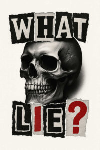 Skull with torn paper letters forming WHAT LIE? and a red question mark in black and grey tones; collage-style tattoo project; cover-up suitable.
