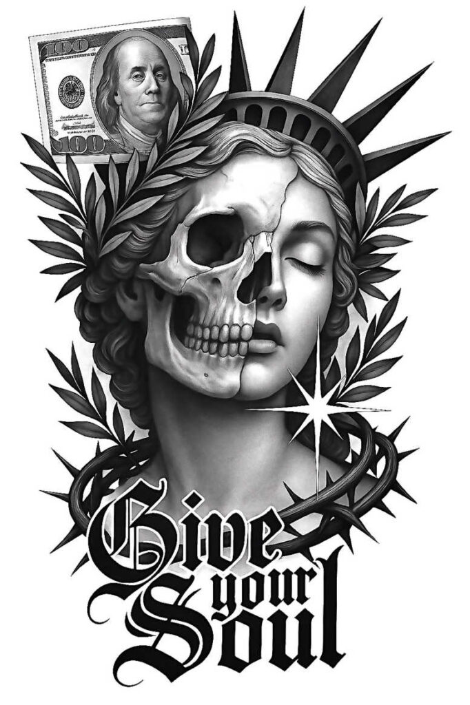 Black and grey tattoo design featuring skull merged with a woman's face, Liberty crown, laurel, bill, starburst, vines, and the text Give Your Soul; AI-generated tattoo project; suitable for cover-up.
