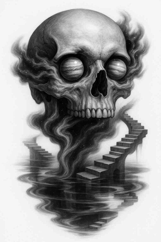 Skull in black and grey with smoky wisps and staircases rising from dark water; a bold cover-up tattoo idea.