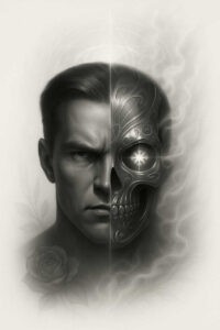 Split-face portrait with left human face and right ornate skull in black and grey; filigree, rose on the neck; AI-generated tattoo project; cover-up ready.