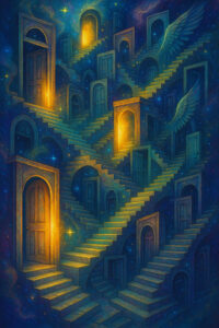flowing-lines-stairs-tattoo – tattoo design ideas free ai generated – neotraditional-precise-lines – for-ribs – Gallery: stairs-inkby-ai