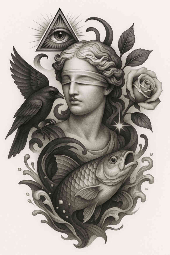 Black and grey statue bust with blindfold, crow, koi fish, rose and leaves, triangle eye symbol, and swirling water; tattoo design concept, cover-up suitable.