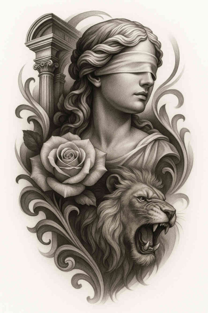 Statue bust of a blindfolded woman in grayscale with a rose, roaring lion, column, and swirling motifs; black and grey tattoo design idea.