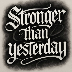 Text-based black and grey tattoo design with Gothic script reading Stronger Than Yesterday; project idea, cover-up ready.