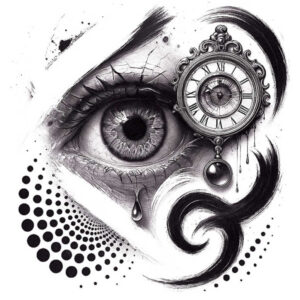 Black and grey tattoo concept with eye, vintage clock overlay, teardrop, and patterned swirls; project idea with cover-up potential.