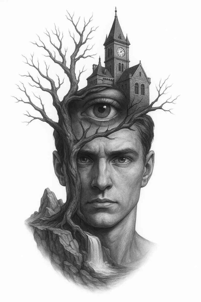 Black and grey tattoo design idea: a realistic portrait of a man with a tree growing from his head, a clock-tower house, and a waterfall.