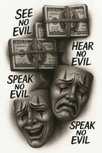 Black and grey tattoo design concept with money bundles and theatre masks; AI-generated project, not a cover-up.