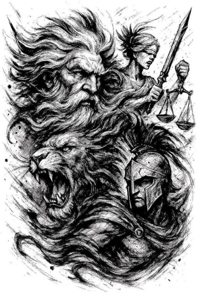 Black and grey tattoo design concept with lion, man, woman, sword, scales, and helmet; AI-generated tattoo project, cover-up suitable.