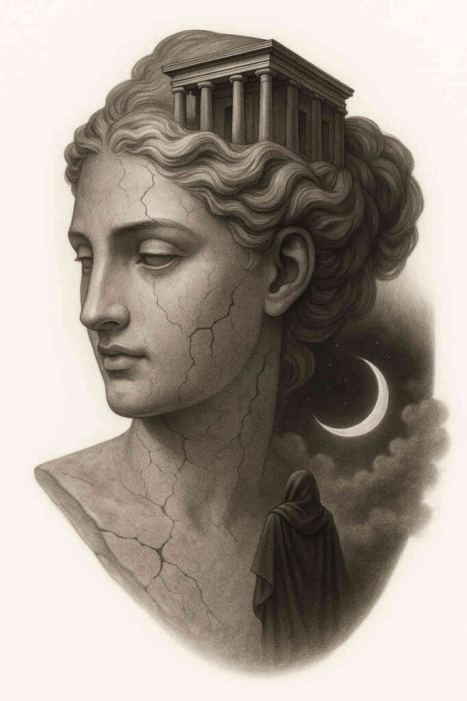 Black and grey statue head with a classical temple atop the crown, a crescent moon and a hooded figure, all connected by cracked texture; tattoo design idea, perfect for a cover-up.