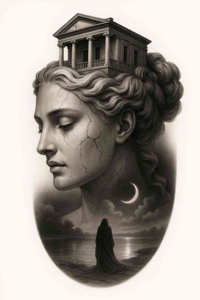Black and grey tattoo idea: a serene profile of a woman with cracked skin, a temple building perched on her head, a crescent moon, a cloaked figure by the shore, and misty water—perfect for cover-up.