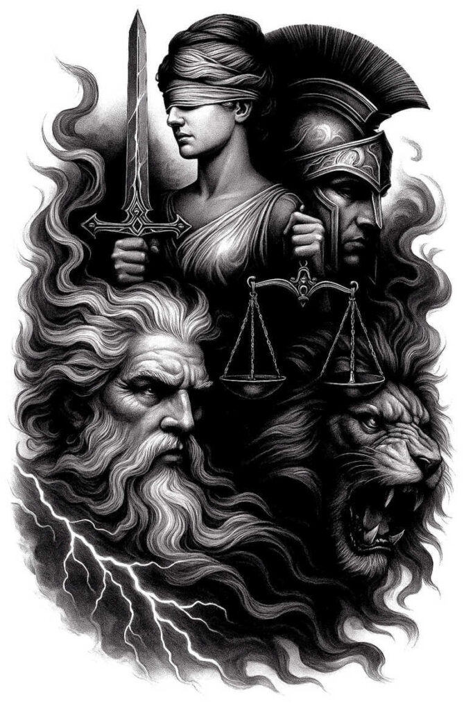 balance-symbol-tattoo – tattoo design ideas free ai generated – neotraditional-refined-detail – for-upper-shoulder – Gallery: themis-inkby-ai