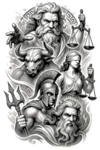 law-and-order-tattoo – tattoo design ideas free ai generated – neotraditional-clean-fill – for-back-shoulder – Gallery: themis-inkby-ai