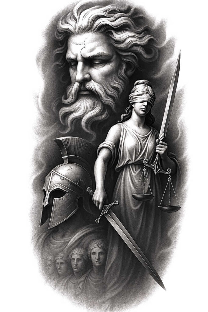 themis tattoo design ideas Realism anatomical accuracy equilibrium symbol meaning resilience