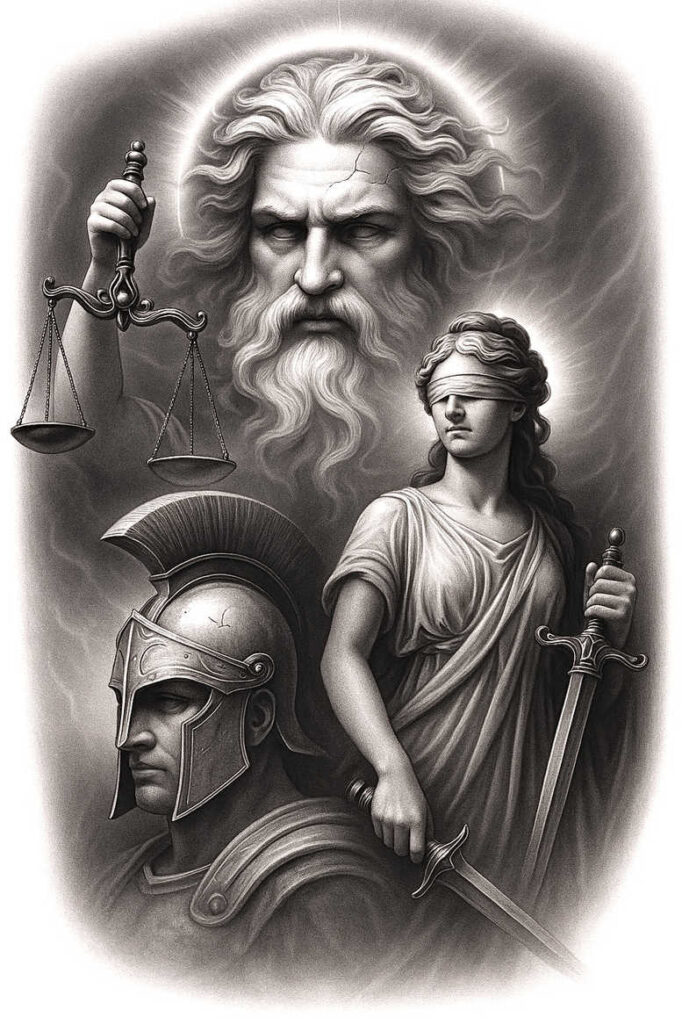 themis tattoo design ideas detailed linework truth balance for knee