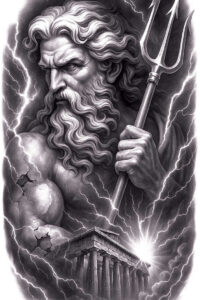 Zeus-like muscular man with long beard holding a trident among lightning bolts and a cracked temple, rendered in black and grey; AI-generated tattoo project, ideal for cover-up.