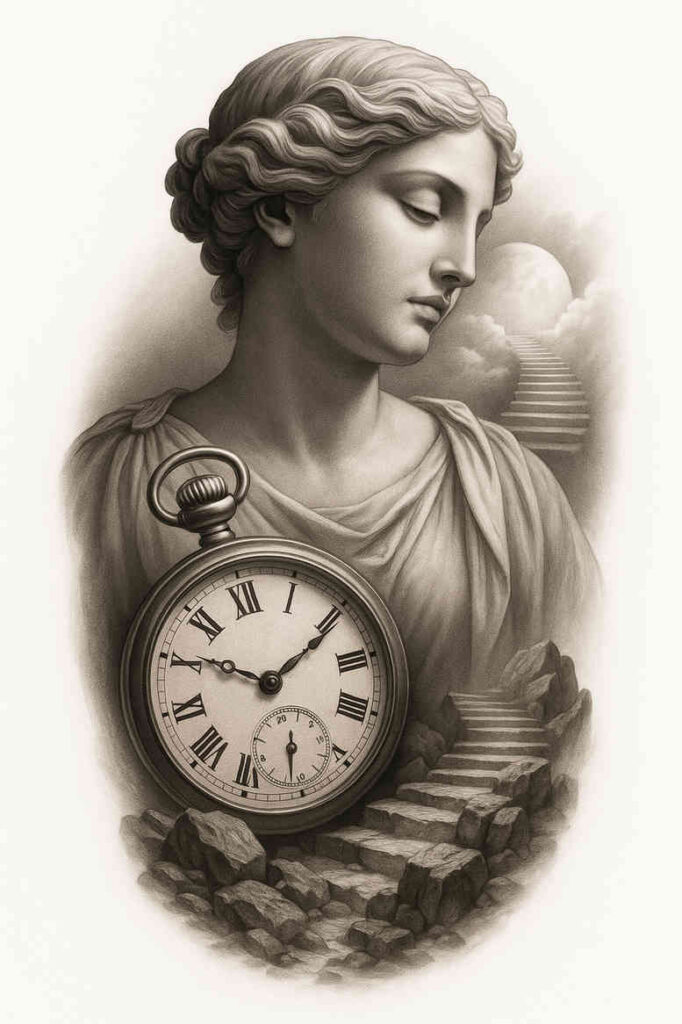 Black and grey: statue-like woman with pocket watch, rocky stairs, clouds and moon; tattoo design idea.