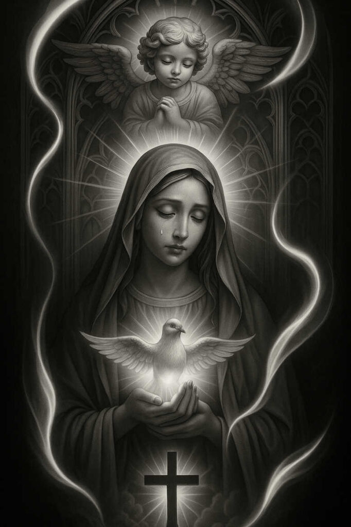 Grey-scale Mary in veil holding a dove, with an angel above, halo and radiant rays; cross at base; black and grey tattoo project idea; cover-up suitable; AI-generated.