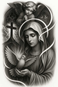 Virgin Mary in a hooded robe cradling a dove; angel above; cross on a hill left; Gothic arches in the background; grayscale, black and grey; tattoo project; not specifically for cover-up.